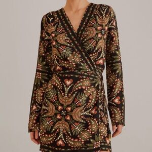 FARM Rio Martina Long Sleeve Wrap Dress - Black, Brown, Green